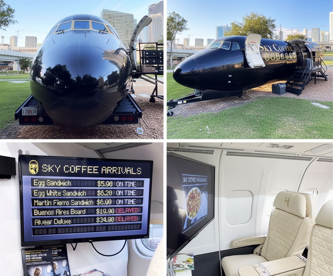 Sky Coffee Buenos Aires es un café ubicado en Miami que llama la atención por su propuesta visual parecida a la de un café en un vuelo comercial.